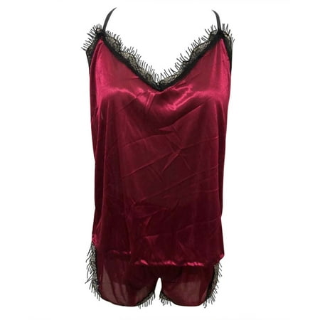 

Mortilo Silk Pajamas Women Lace Camisole Shorts Set Satin Lingerie V Neck Sleepwear XS-XL Wine Red M