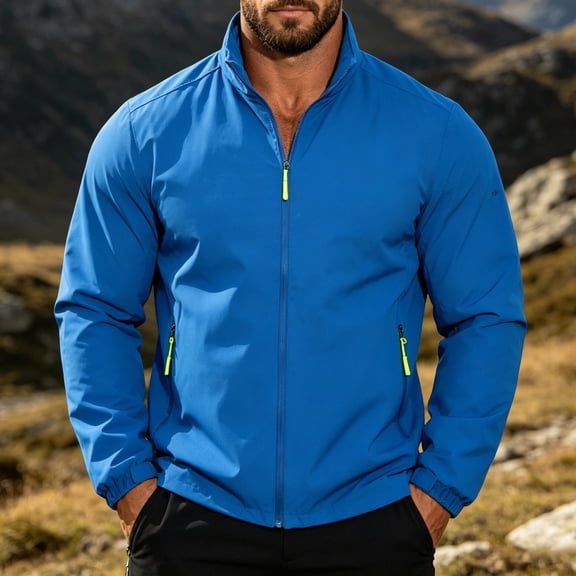 SGFCWSX Men's Windbreaker Water Resistant Windproof Stand Collar Full Zip Zipper Pockets Casual Athletic Jacket Blue Size 2XL