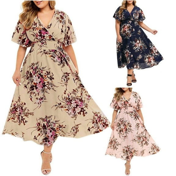 Azrian Summer Dresses,Plus Size Women Dress Plus Size Fashion Women Floral Printed V-Neck Short Sleeve Casual Dress