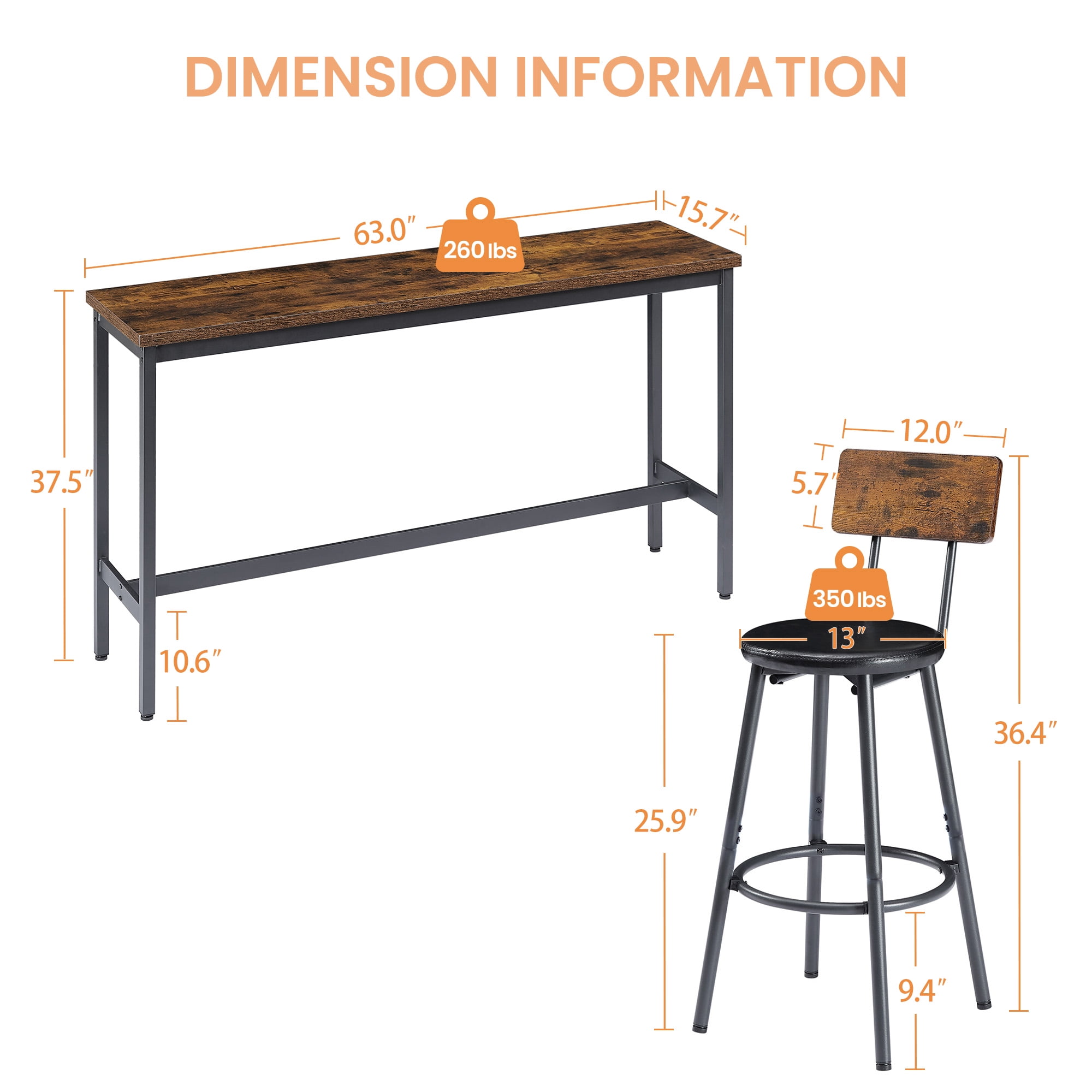 Small Kitchen Table Set for 3, Modern Dining Room Table Set with 3 Stools, Extra Long Bar Table Set, Wooden Pub Table, and Chairs Set, Saving Space Patio Restaurant Bistro Table Set, Brown