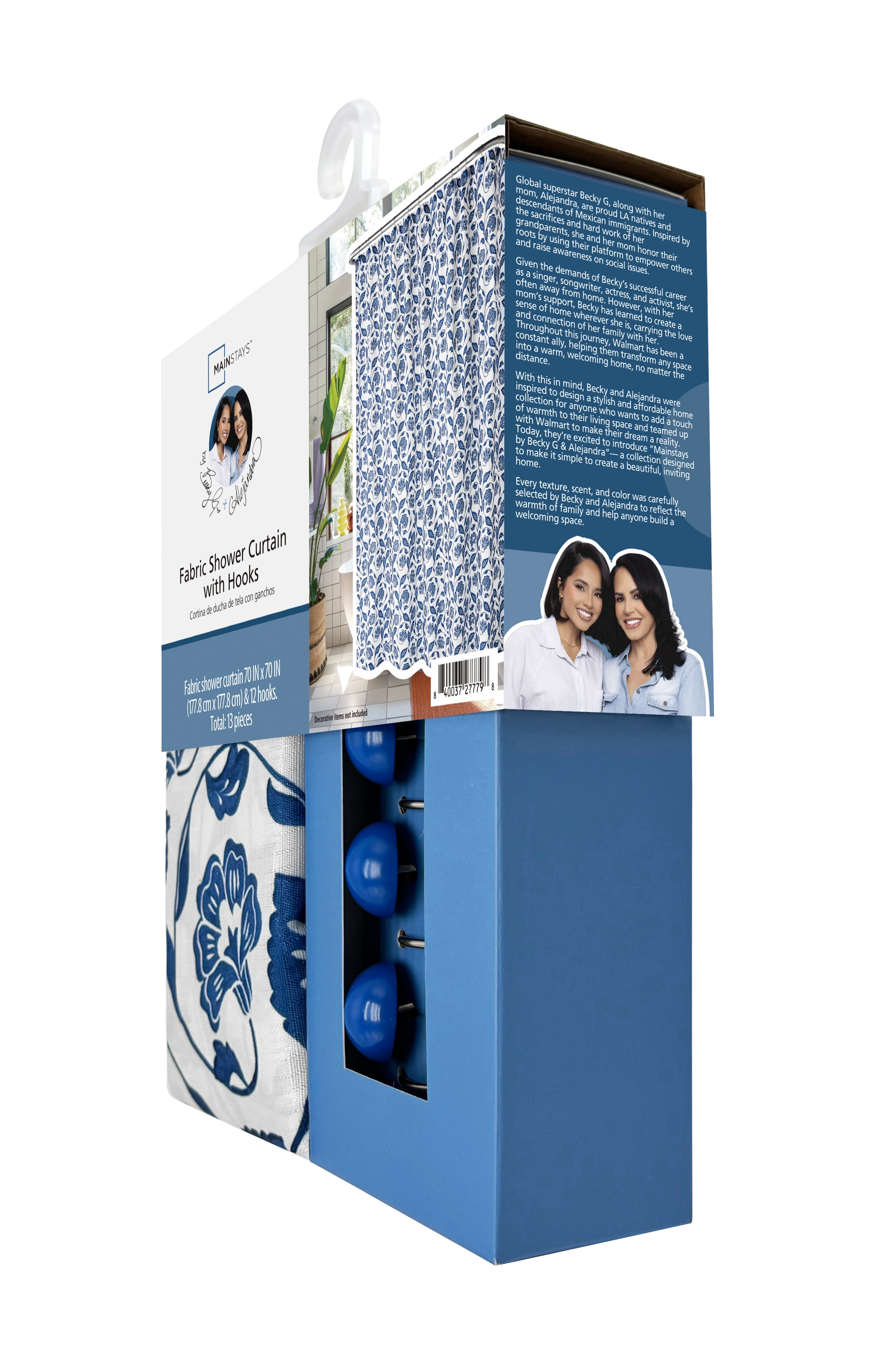 Mainstays by Becky G. & Alejandra 13-Piece White & Blue Floral Fabric Shower Curtain Set