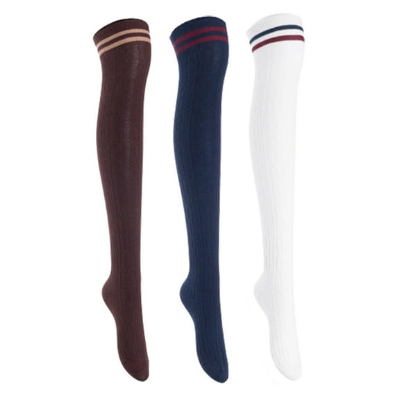 Lian Lifestyle Women's 3 Pairs Incredible Durable Super Soft Unique Over Knee High Thigh High Cotton Socks, Size US 6-9, JMYP1023 Coffee,Navy,White