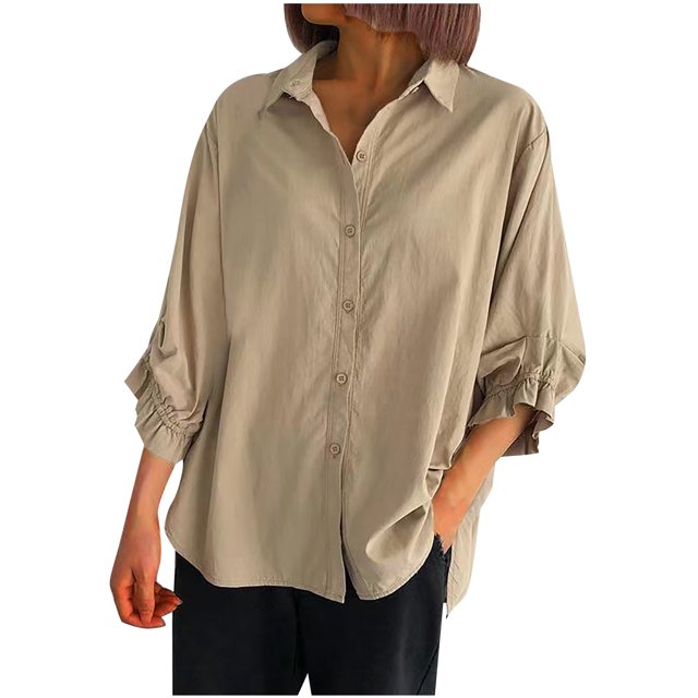 aidice Shirts for Women Casual Button up 3/4 Length Sleeve Loose Ruched Lapel Neck Fall Blouses Tops