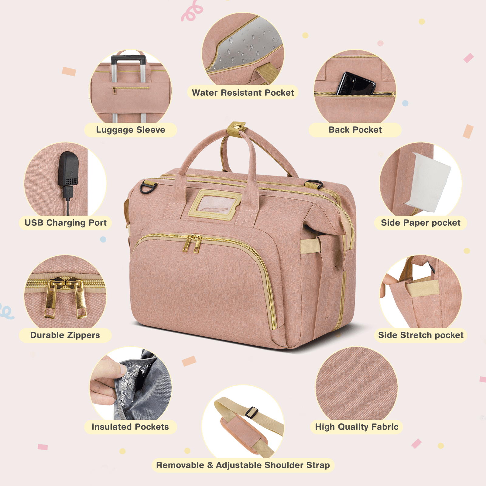 Diaper Bag Tote, Multifunctional Baby Changing Bag with Insulated Milk Bottle Pockets, Large Capacity Travel Backpack W/ USB Charging Port & Stroller Straps, Portable Newborn Baby Bags(Pink)