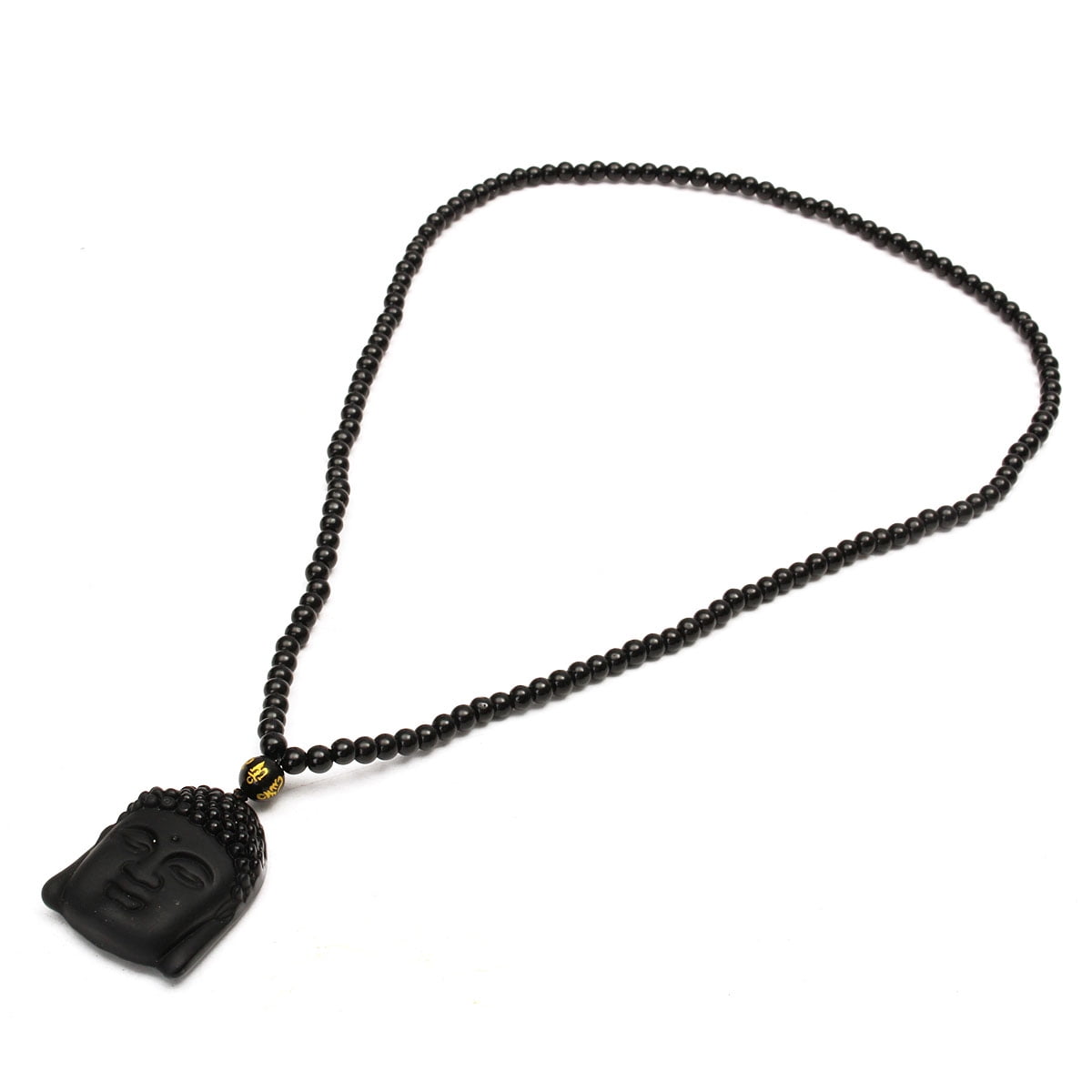 Beads Necklace Natural Black Obsidian Hand-Carved Lucky Buddha Amulet Pendant