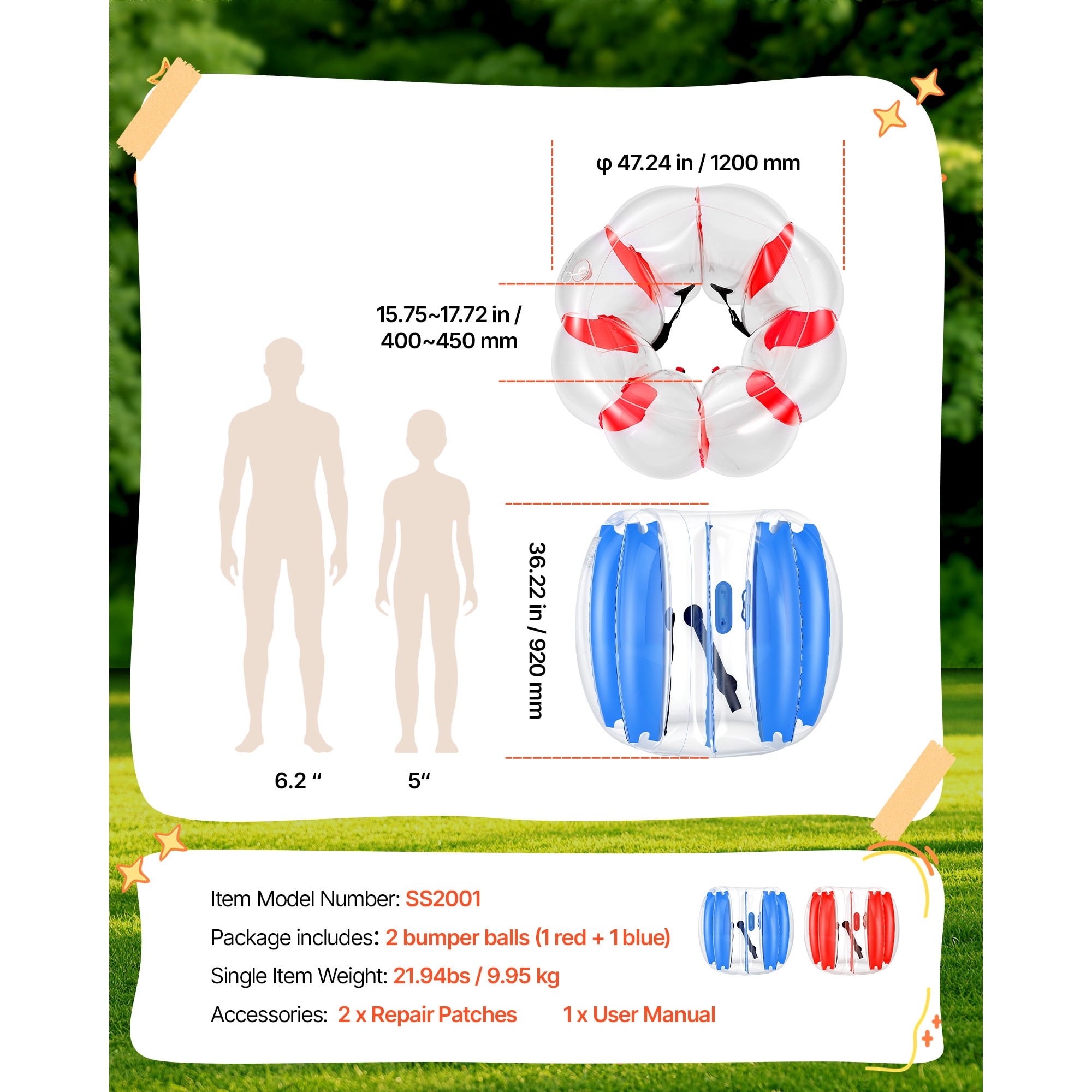 KFFKFF 2-Pack Inflatable Bumper Balls 4FT Human Bubble for Teens Blue+Red, Ideal for Outdoor Activities like Backyard Games, Camping, Picnics, Durable PVC Material, Sumo Hamster Ball with Handle