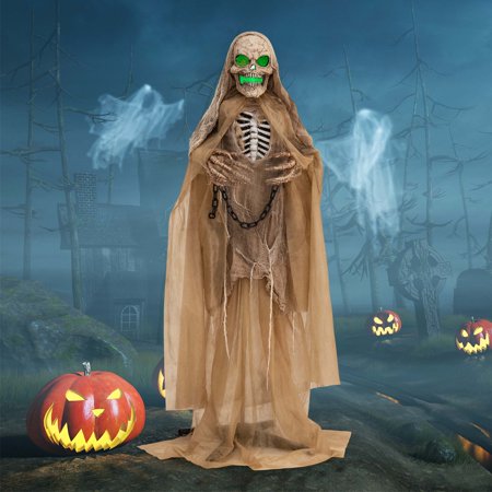 Costway Lighted and Animated Halloween Decoration 67” Outdoor Halloween Skeleton w/ LED Creepy Skull - Brown