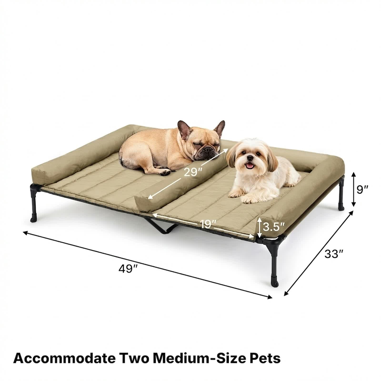 Veehoo Cooling Raised Dog Bed + Removable Double Dog Bed Cushion for Two Medium Dogs, Elevated Dog Bed with Waterproof Bolster Mat, Breathable Mesh, No-Slip Feet, 49" x 33" Dog Couch Bed, Beige