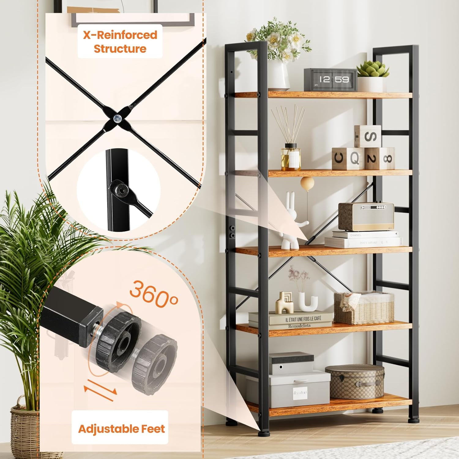 5 Tier Wooden Bookshelf Storage Shelves Organizer Retro Bookshelf Plant Display Shelf for Living Room Home Office Balcony - Rust Brown