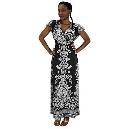 Sweetheart Ruched Surplice Bodice Peach Couture Summer Fashion Womens Surplice Bodice Cap Sleeves Damask Maxi Dress Black Medium ()