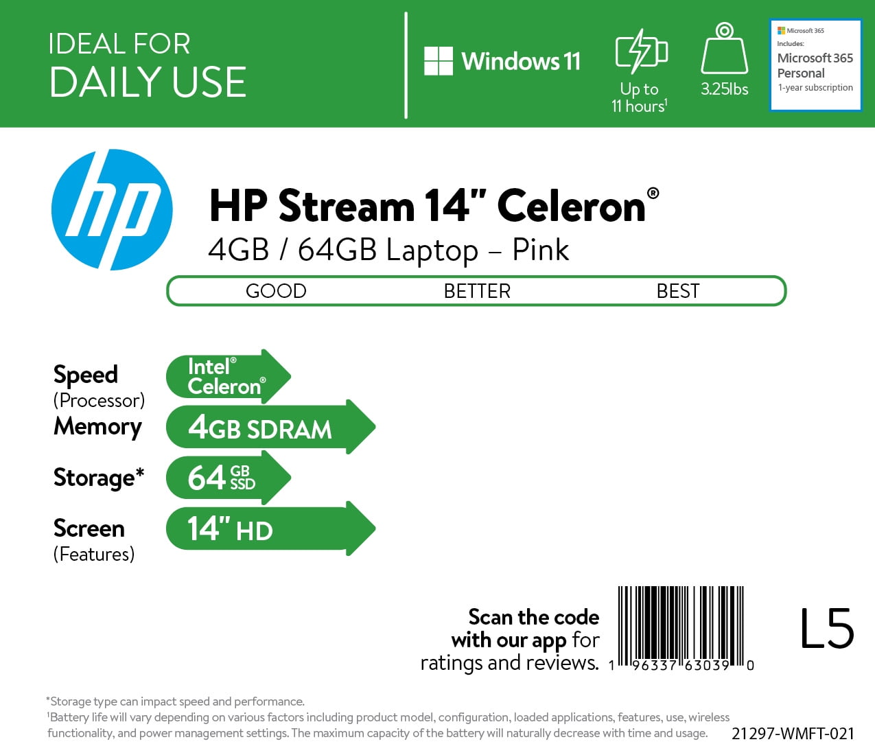 Buy HP Stream 14", Intel Celeron N4020, 4GB RAM, 64GB eMMC, Pink