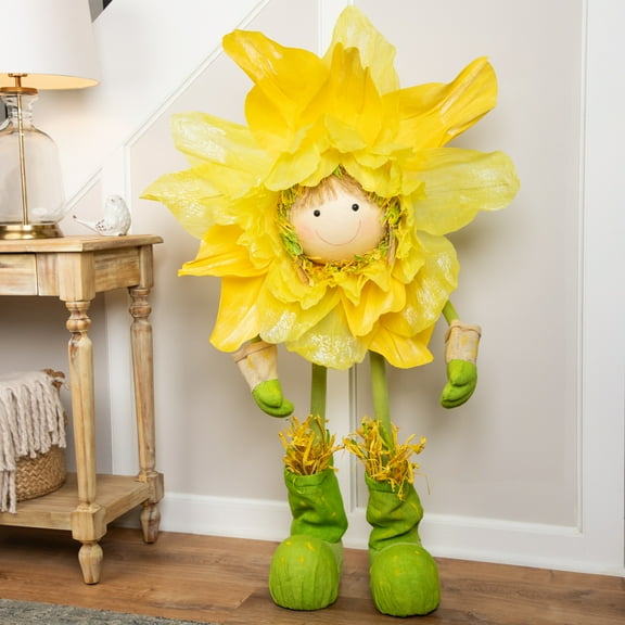 Northlight 47" Yellow and Green Spring Floral Standing Sunflower Girl Decorative Figure