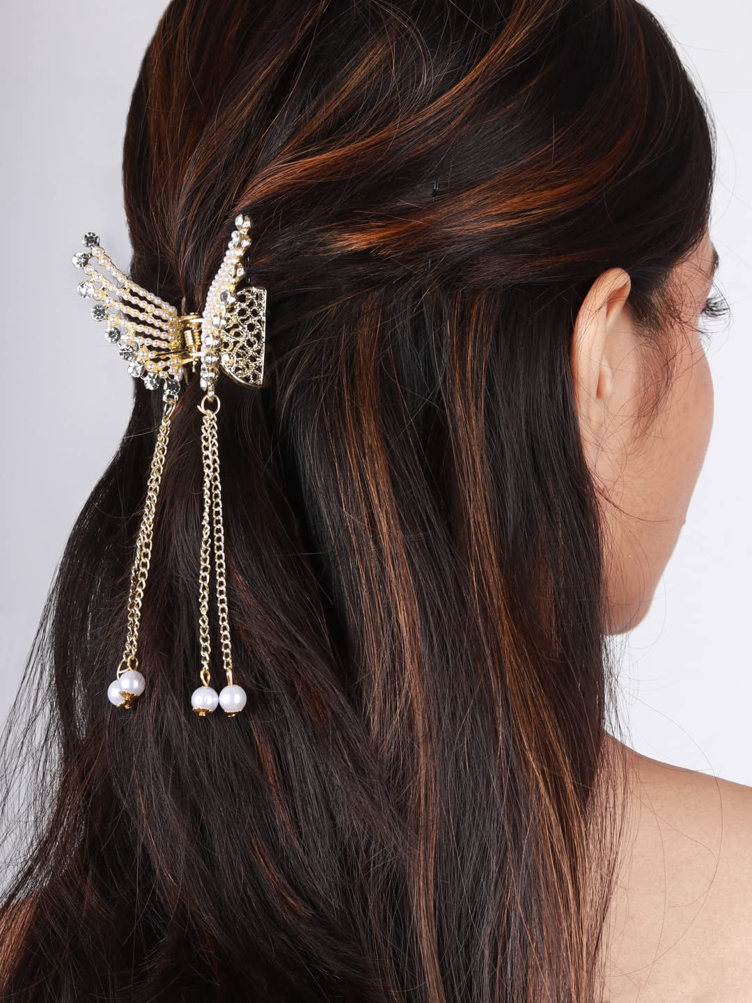 Radhna Attractive Wedding Claw Clip Butterfly Tassel Design Hair Clip Stone & Pearl Accessories Clutcher | Metal Hair Clip for Women & Girls