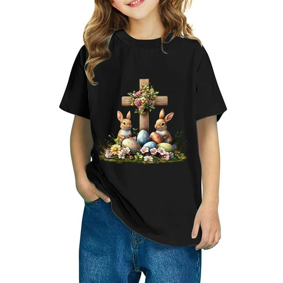 Aloohaidyvio Easter Cross Shirt Minimalist Easter Cotton Tee for Girls, Small Cross Chest Print - Casual Spring Outfit 3 Years