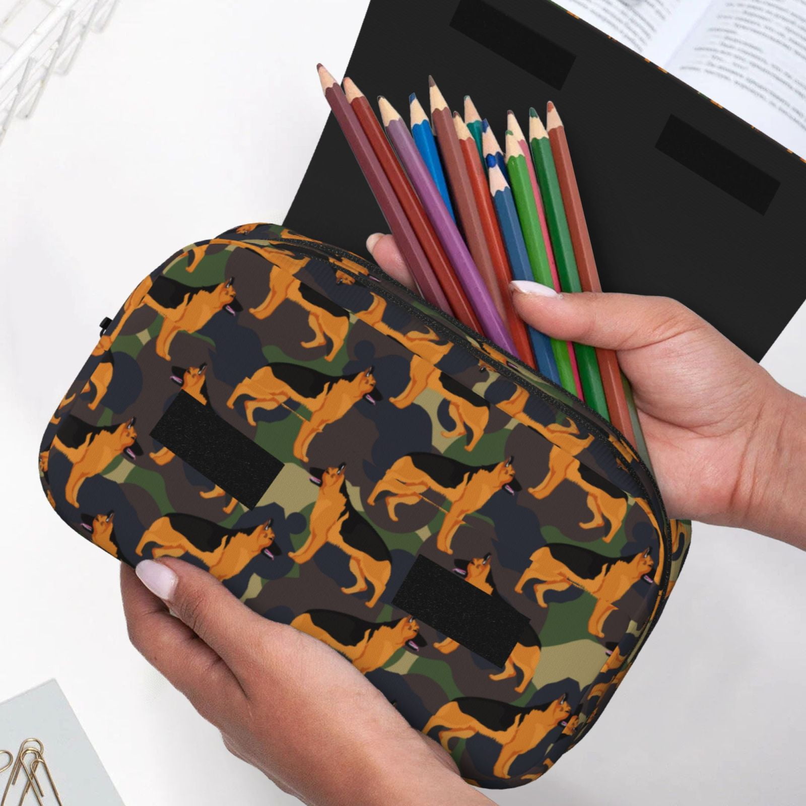 Rateoe German Shepherd Dog Pattern Double Clamshell Pen Case, Storage Organizer with Two Zipper Compartments– Holds Up to 50 Pencils & Pens