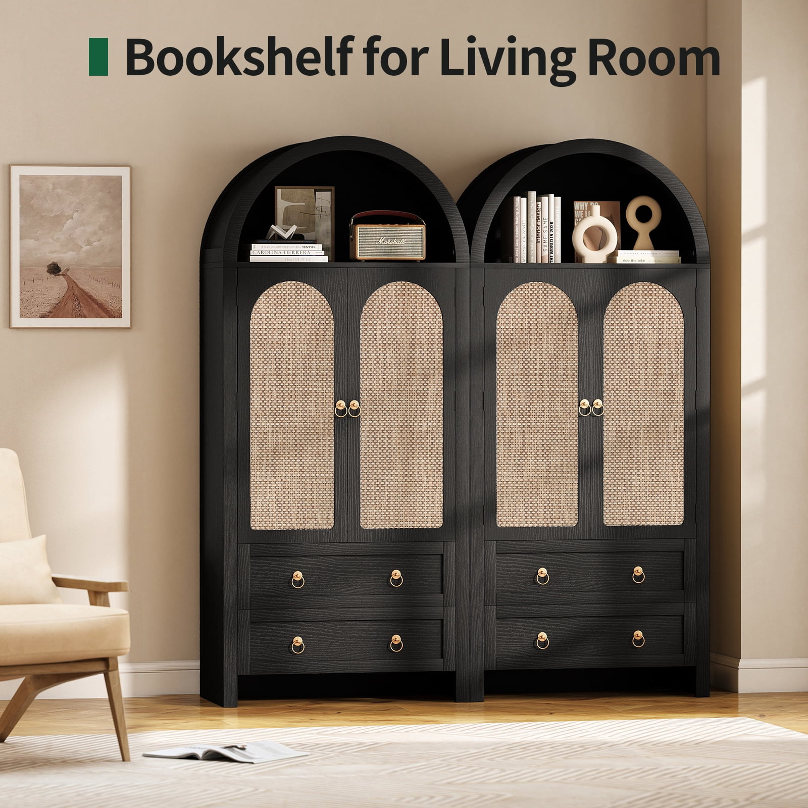 71" Tall Arched Kitchen Pantry Storage Cabinet with Rattan Doors,Wood Pantry Cabinet with 2 Drawers and 6 Shelves for Dining Room, Living Room,Black