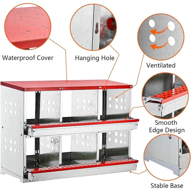 Historyli Nidos de 6 compartimentos para gallinas,desplegables y con ruedas,nidos Dulex para gallinas con recogida de huevos,nidos para gallinas,patos y aves de corral,gallinero metálico con percha.