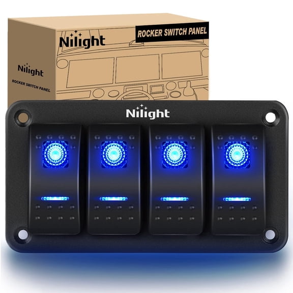 Nilight - 4 Gang Aluminum Rocker Switch Panel Toggle Dash 5 Pin ON/Off Pre-Wired Rocker Switch Blue Backlit Switch for Automotive Car Marine Boat RV,2 Years Warranty