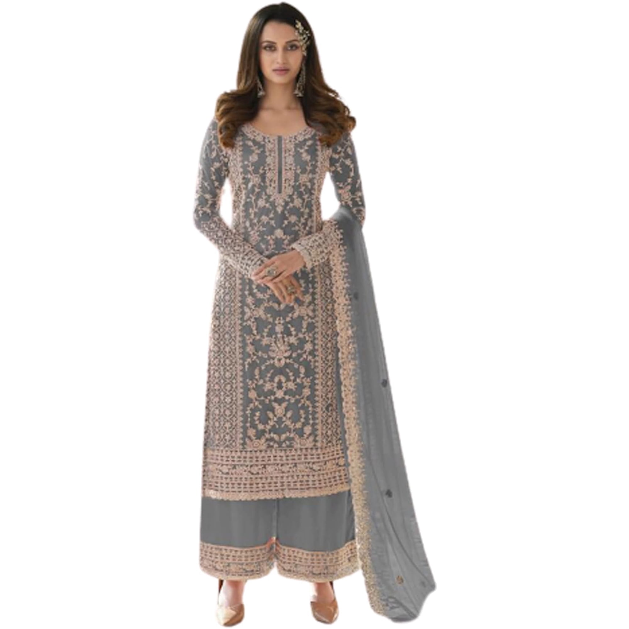 Ramadan Special Wear Indian Pakistani Shalwar Kameez Suits Stitched Palazzo Dress ( Gray, XXS - 34 )