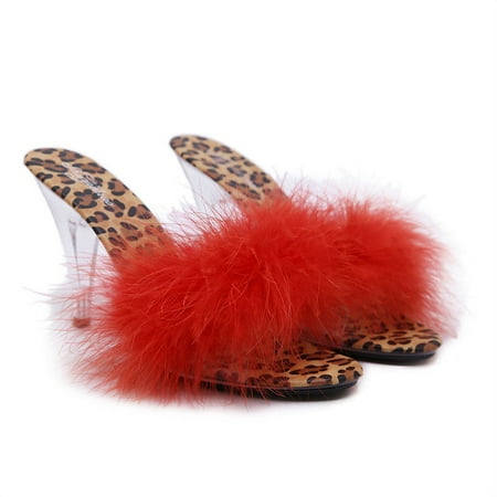 

IELGY Women s leopard print slippers thick heel high heel furry decoration open