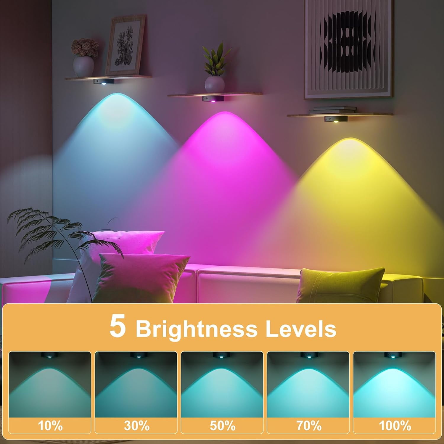 6 under Cabinet Lighting, LED Lights with Remote Control, RGB 13 Color Dimmable, Kitchen Night Light, Battery Powered Light for Kitchen, Wall, Closet, Cabinet, Staircase