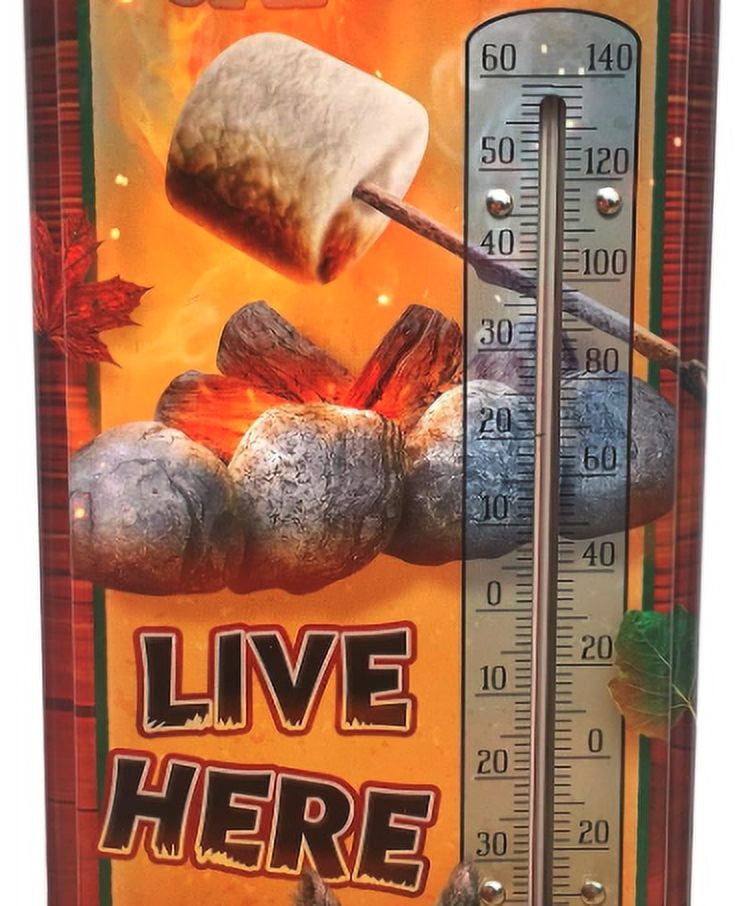 Thermometer Hanging Metal ~22 Gauge Metal Lithograph Print Measures 5" x 17" Indoors or Outdoors  (HAPPY CAMPERS)