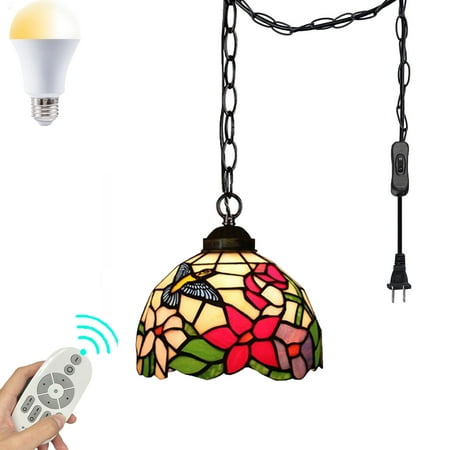 

FSLiving Remote Cotrol Plug-in Swag Pendant Lighting UL On/Off Switch Cord with Iron Chain Tiffany Colorful Handmade Glass Shade Antique Chandelier for Decor Stepless Dimming & Color Changing - 1 Pack