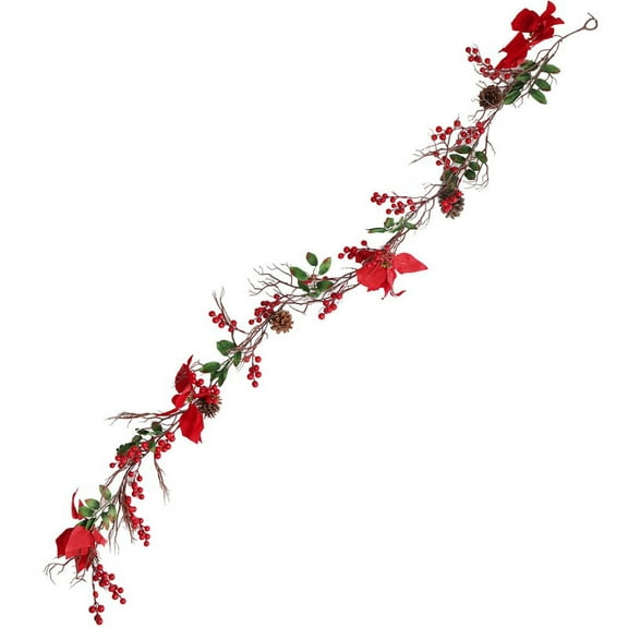6.3FT Red Berry Christmas Garland, Artificial Poinsettia Garland,Christmas Garland with Pine Cones