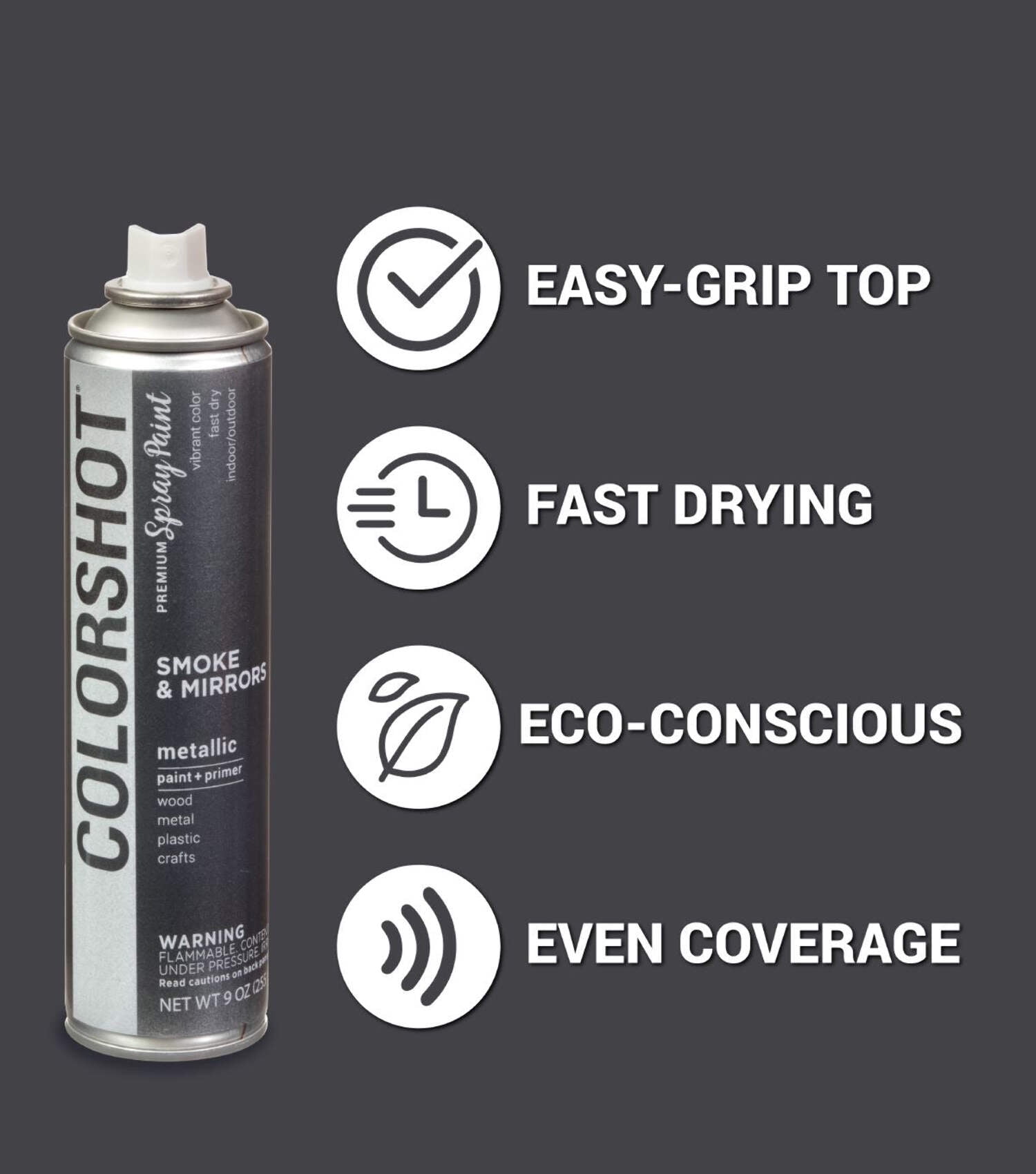 COLORSHOT Metallic Spray Paint, Smoke & Mirrors (Dark Silver) 9 oz. 4 Pack, Fast-Drying Acrylic Paint, Indoor & Outdoor Use