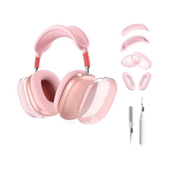 5 in 1 for AirPod Max Case Cover, Clear TPU Full Protective Ear Pad Covers/Ear Cups Cover/Headband Cover/Headband Pad, Cleaning Kit Accessories Compatible with Apple AirPods Max Headphones,Pink
