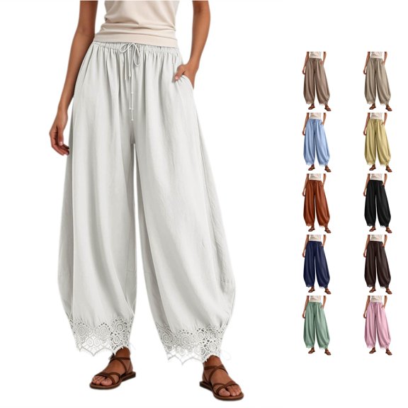 RUTAYY Women's Pants Knit Lace Capris Solid Color With Pockets Drawstring Elastic Waist Daily Wear Trendy Vibrant Trousers