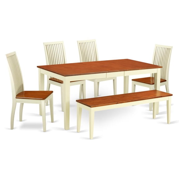 East West Furniture Nicoli 6-piece Wood Dining Table Set with Bench in Cherry