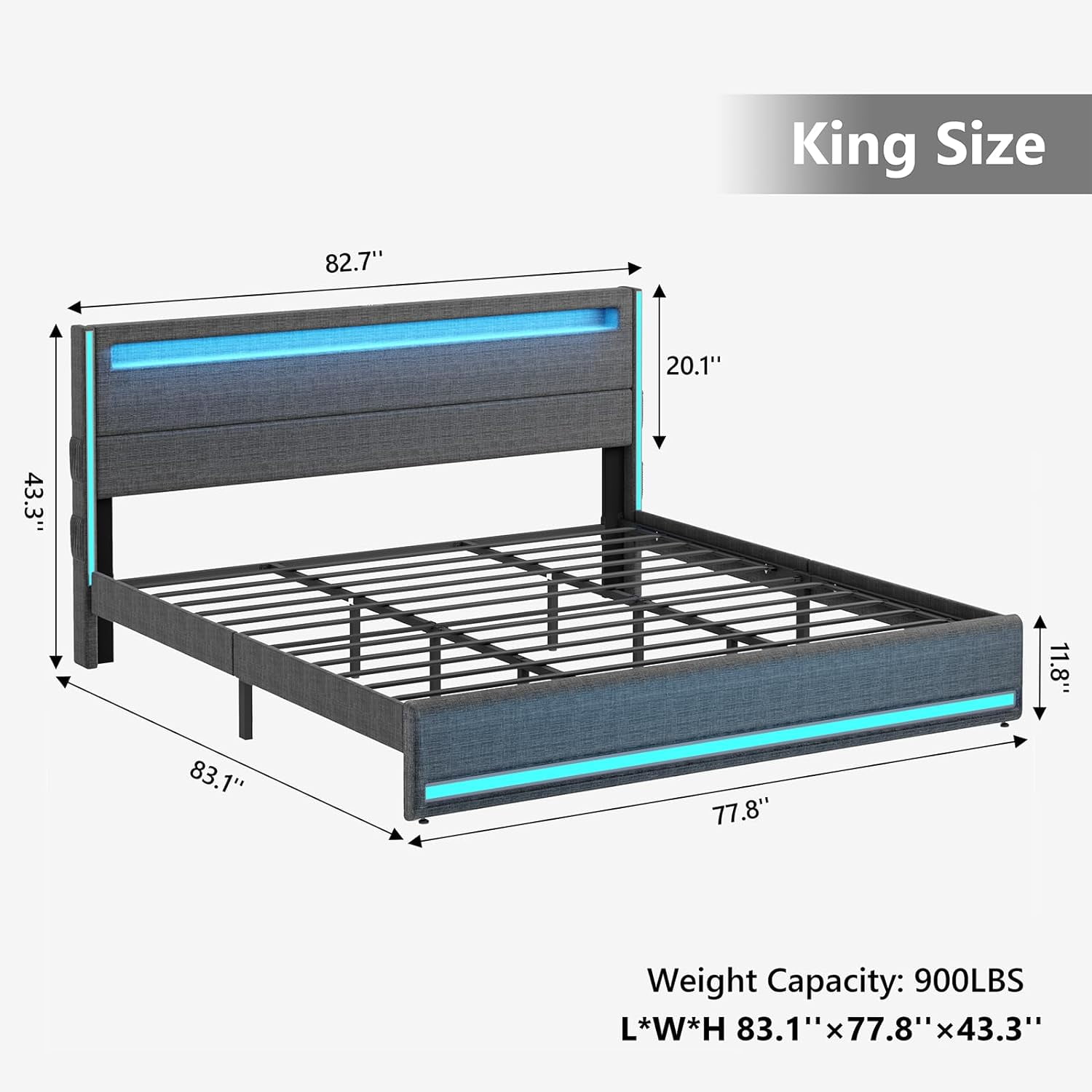 Gacfiew King Size Bed Frame, LED Bed Frame with Upholstered Headboard, King Bed Frame with Charging Station, Heavy Duty Metal Slats, No Box Spring Needed, Easy Assembly, Dark Grey