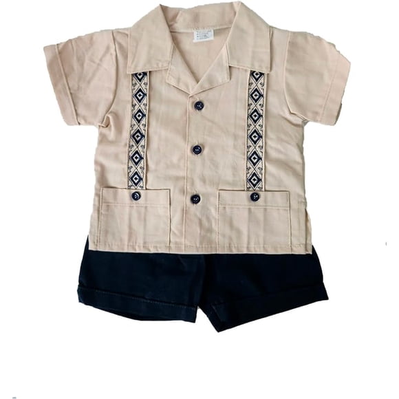 Guayabera para Bebé Pañalero con Short, Conjunto Mexicano de 2 Piezas para Niño, Guayabera Infantil de Manga Corta
