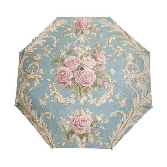 YAZAOO One-Touch Auto Open Close Rain Umbrella With Creative Classic Roses on Serene Blue Pattern
