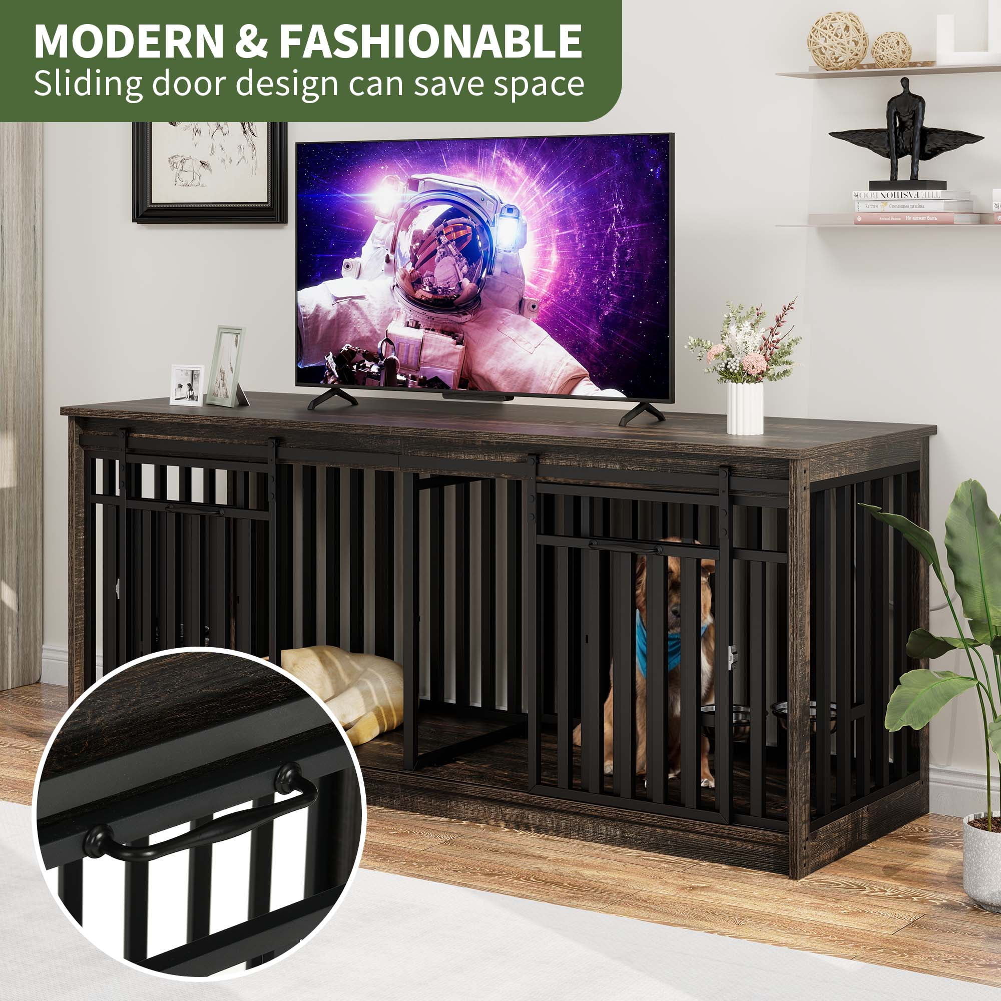 Uforic 71-Inch Farmhouse TV Stand for TVs up to 65",Heavy Duty Dog Crate Furniture with 4 Dog Bowl - Black