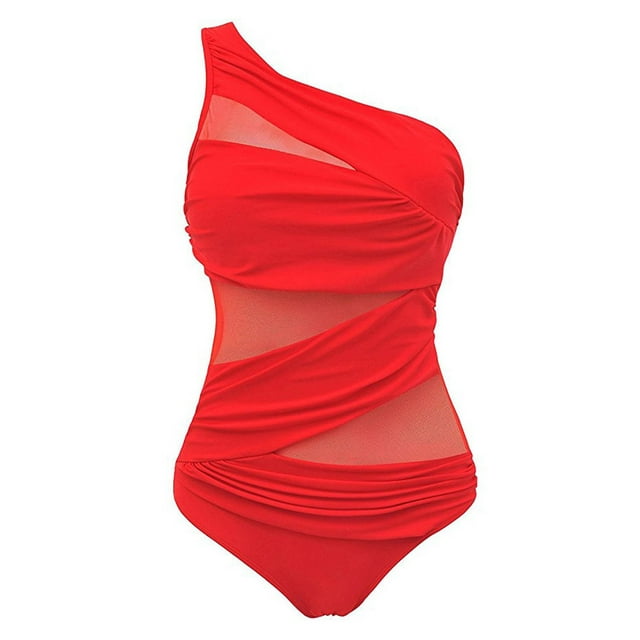 Plus Size Women One Piece Mesh See Through One Shoulder Swimsuit Swimwear Padded Bikini Bathing Beach Wear