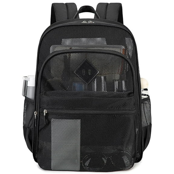 Soda Candy Mesh Backpack Heavy Duty See Through School Backpacks Transparent Bookbag Semi-Transparent Net Book Bags for Swimming, Beach, Sports, Work, Travel, Black