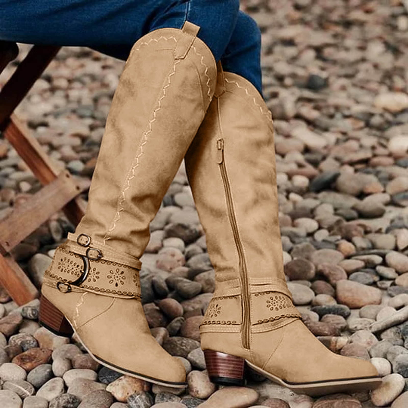 Bottes Cowboy Femme Mi-Mollet - Style Vintage Élégant, Talon Bas Épais, Fermeture Éclair Latérale, Confort Absolu