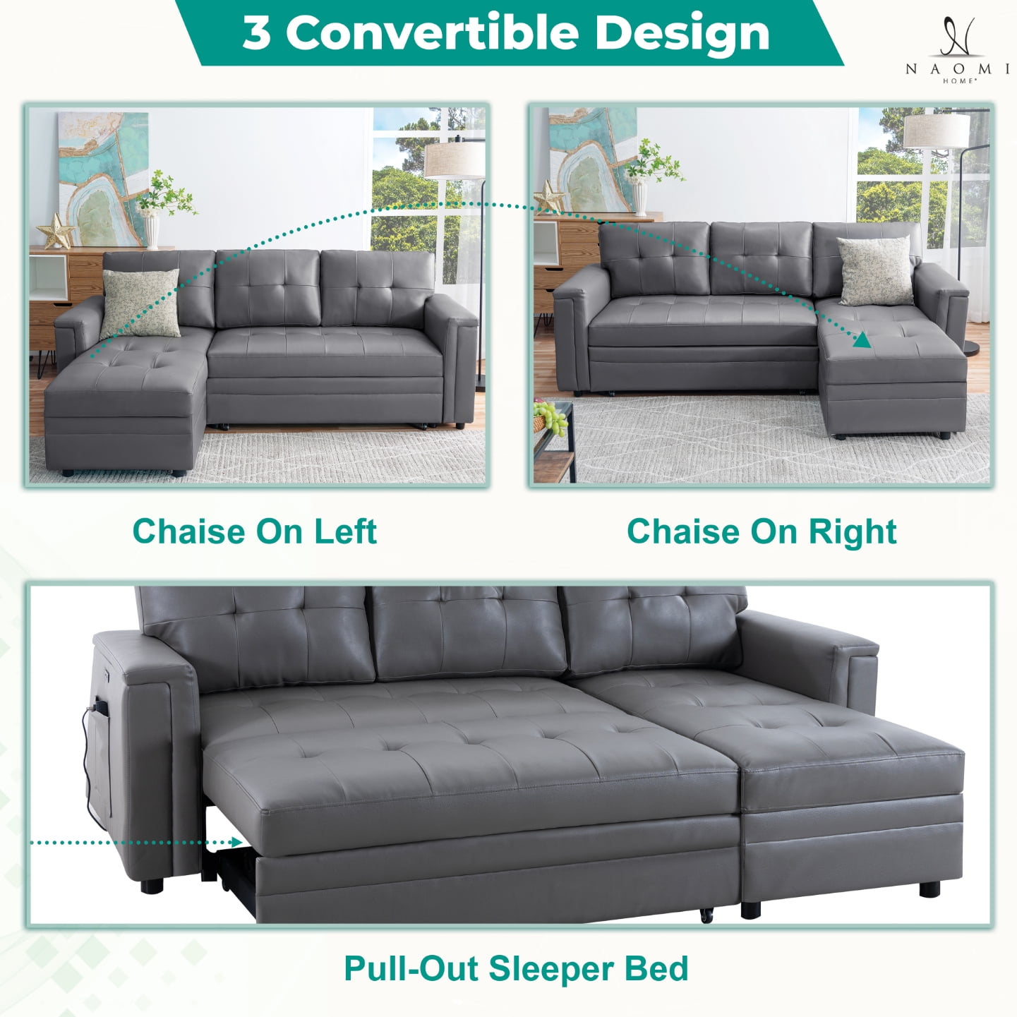 Naomi Home Lily Sectional Sleeper Sofa with USB ports-L-Shaped Couch Convertible faux leather sectional Pull-Out Bed, Ample Storage, Long-Lasting for Modern Living, Gray, Air Leather