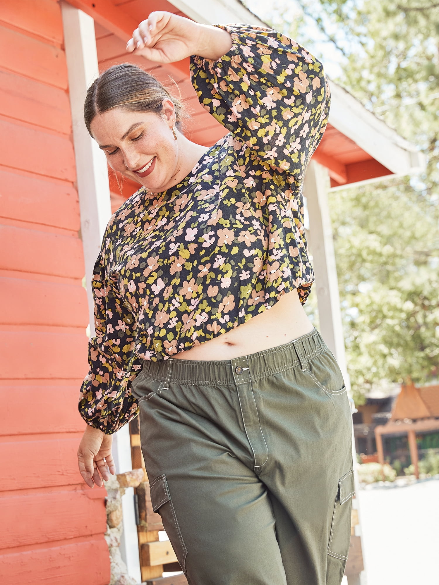 The Get Women's Plus Size Button Back Crop Top with Long Sleeves