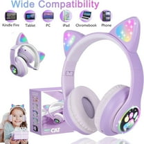 Kids Headphones,Cat Ear Bluetooth Headphones with Microphone/RGB LED Light Up,Foldable Stereo Over-Ear Headphones for Kids Tablet/School/Pad/Smartphone,Purplre