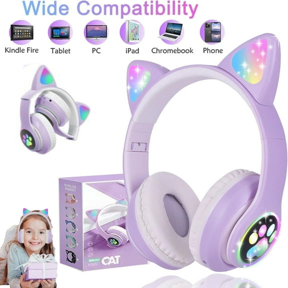 Kids Headphones,Cat Ear Bluetooth Headphones with Microphone/RGB LED Light Up,Foldable Stereo Over-Ear Headphones for Kids Tablet/School/Pad/Smartphone,Purplre