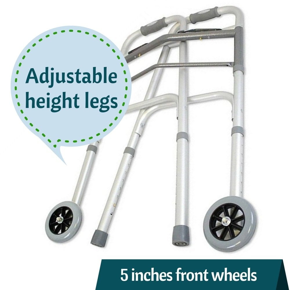 Walker Folding Deluxe 2 Button with Front 5" Wheels, Adjustable Height (Short, Standard, Tall People) by Healthline Trading