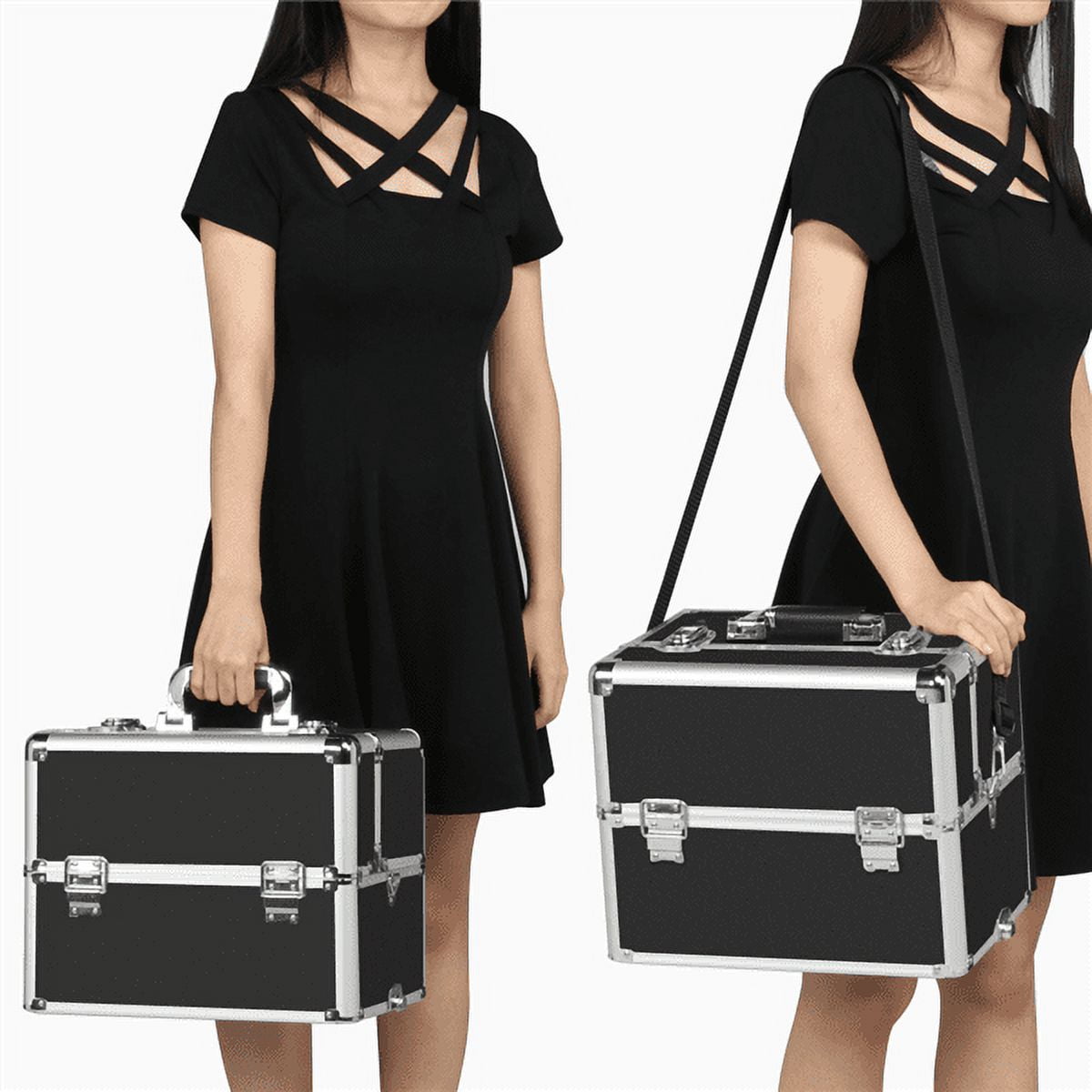 4 360-degreed Wheels 3-in-1 Professional Aluminum Artist Rolling Trolley Makeup Train Case Cosmetic Organizer Makeup Case for Beauty Chains W/shoulder Straps (Black)