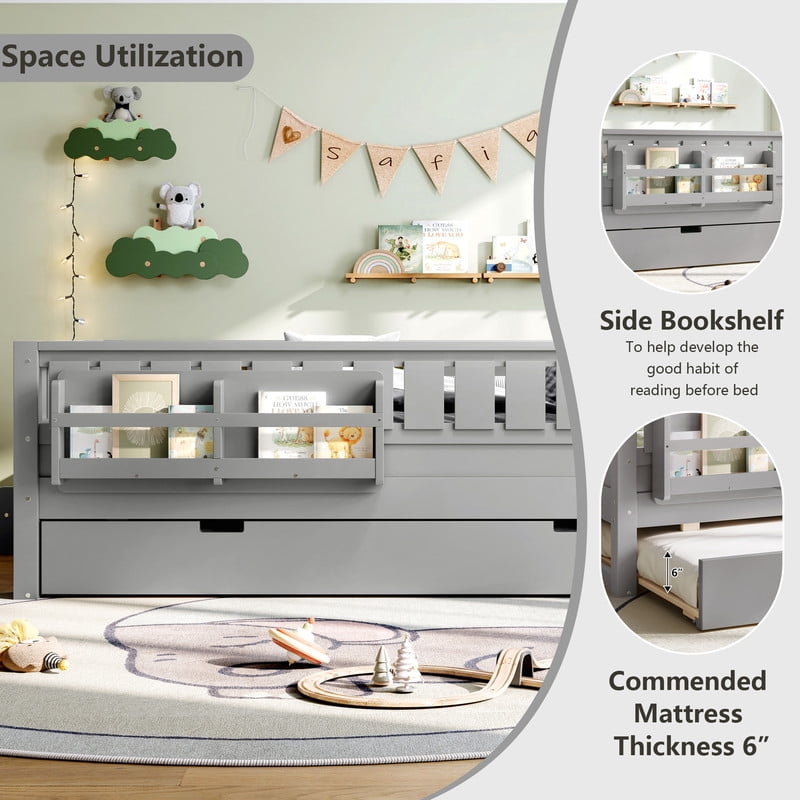 Full Size Low-Profile Kid's Platform Bed with Built-in Bookshelves & Small Staircase, Wooden Bed Frame with Safety Rails & Trundle