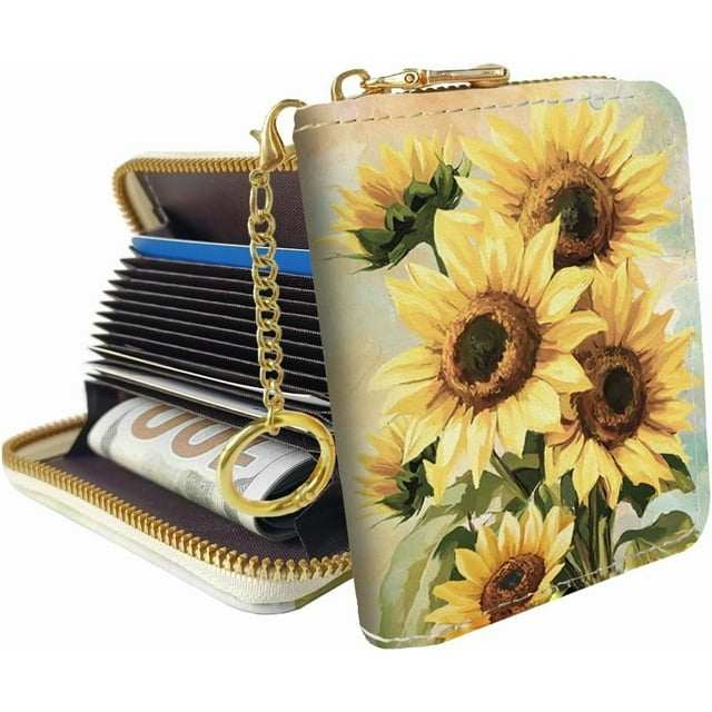 Tarjetero con estampado de girasoles para mujer - Cartera RFID con llavero y cremallera de piel sintética, tarjetero pequeño, billetera tipo acordeón con 12 ranuras para tarjetas
