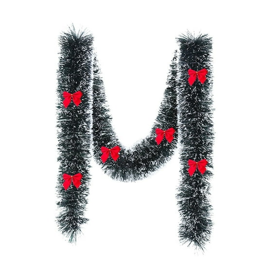 Luoshdecor Christmas Tinsel Garland Decor, Dark Green Snowy White Tips Garland with Bows,for Staircase Railing Indoor Fireplace Ornaments 16.4 ft