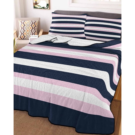 Pink Navy Blue Striped King Size Down Alternative Comforter,Lightweight Comforter Quilt Bedding Set with Pillow Shams Minimalist Abstract Lines Artwork All Seasons Bed Comforter Duvet Insert 96"x106"