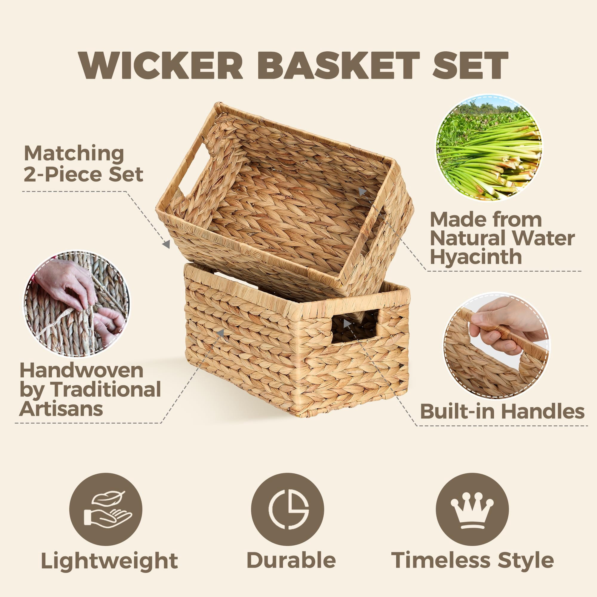 Woven Water Hyacinth Storage Baskets With Handles, Set of 2, Home Organization